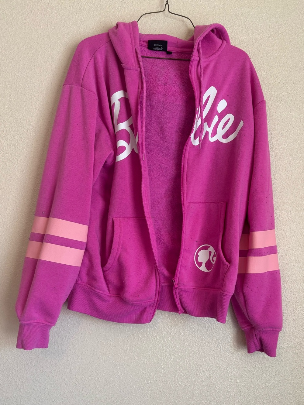 Barbie Bright Pink Zip Hoodie with Light Pink Sleeve Stripes